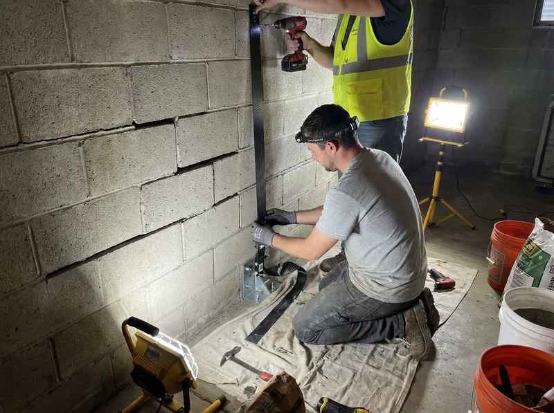 Bowing foundation wall repair with carbon fiber straps
