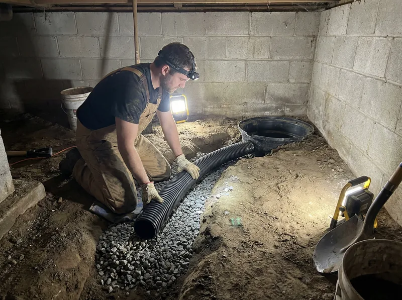 Crawlspace drainage system installation
