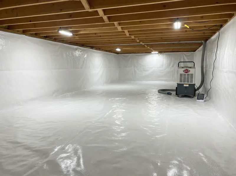 Completed crawlspace encapsulation with vapor barrier