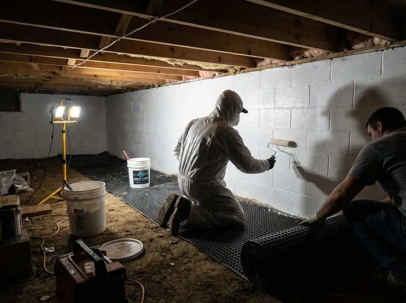 Crawlspace waterproofing coating and drainage mat installation