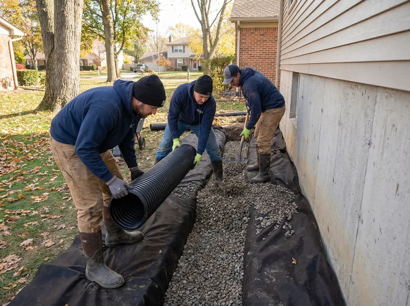 French drain system installation around Michigan home foundation