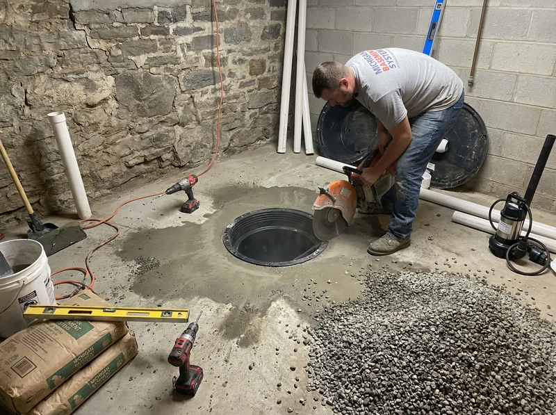 Sump pump pit installation in concrete basement floor