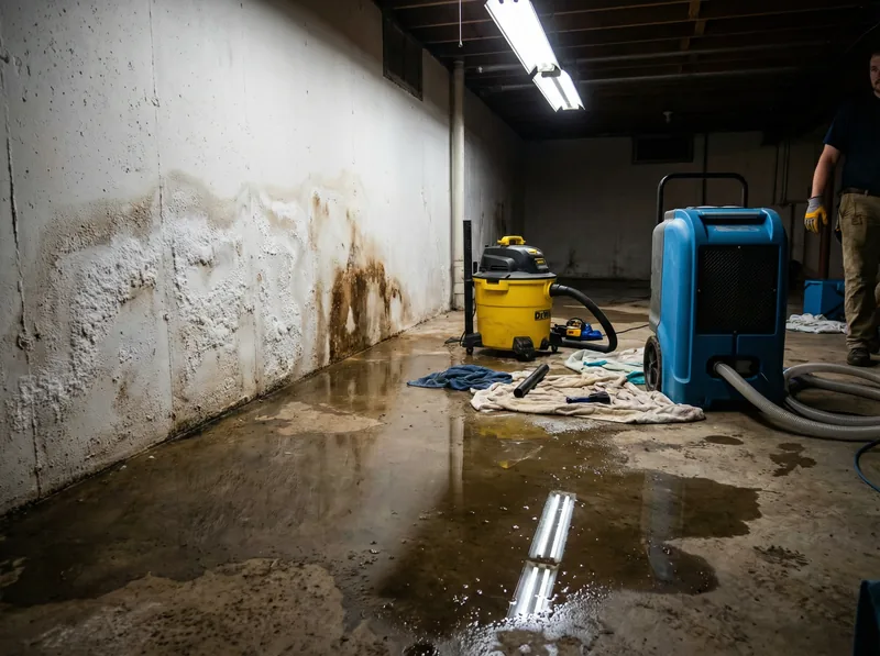 Water damage in Michigan basement with standing water